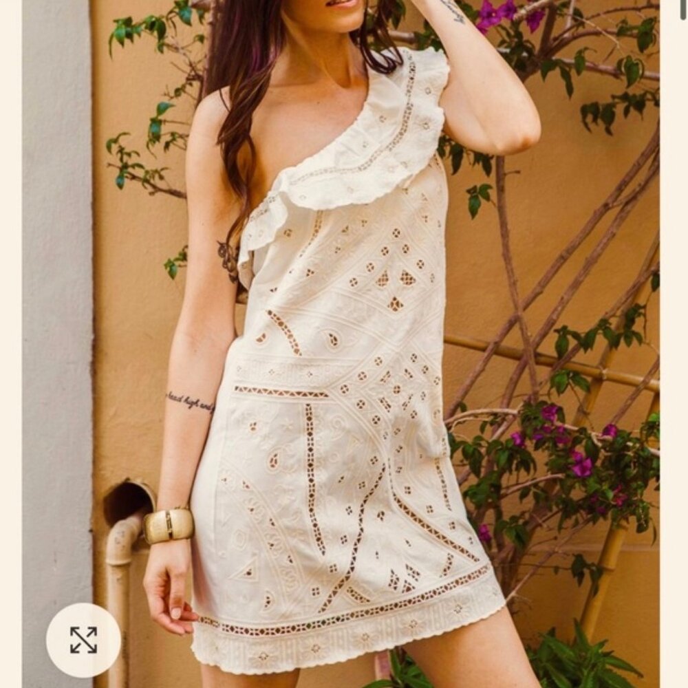 Pho Firenze One Shoulder Shift Mini Dress Small S Cream Knit Embroidered Eyelet